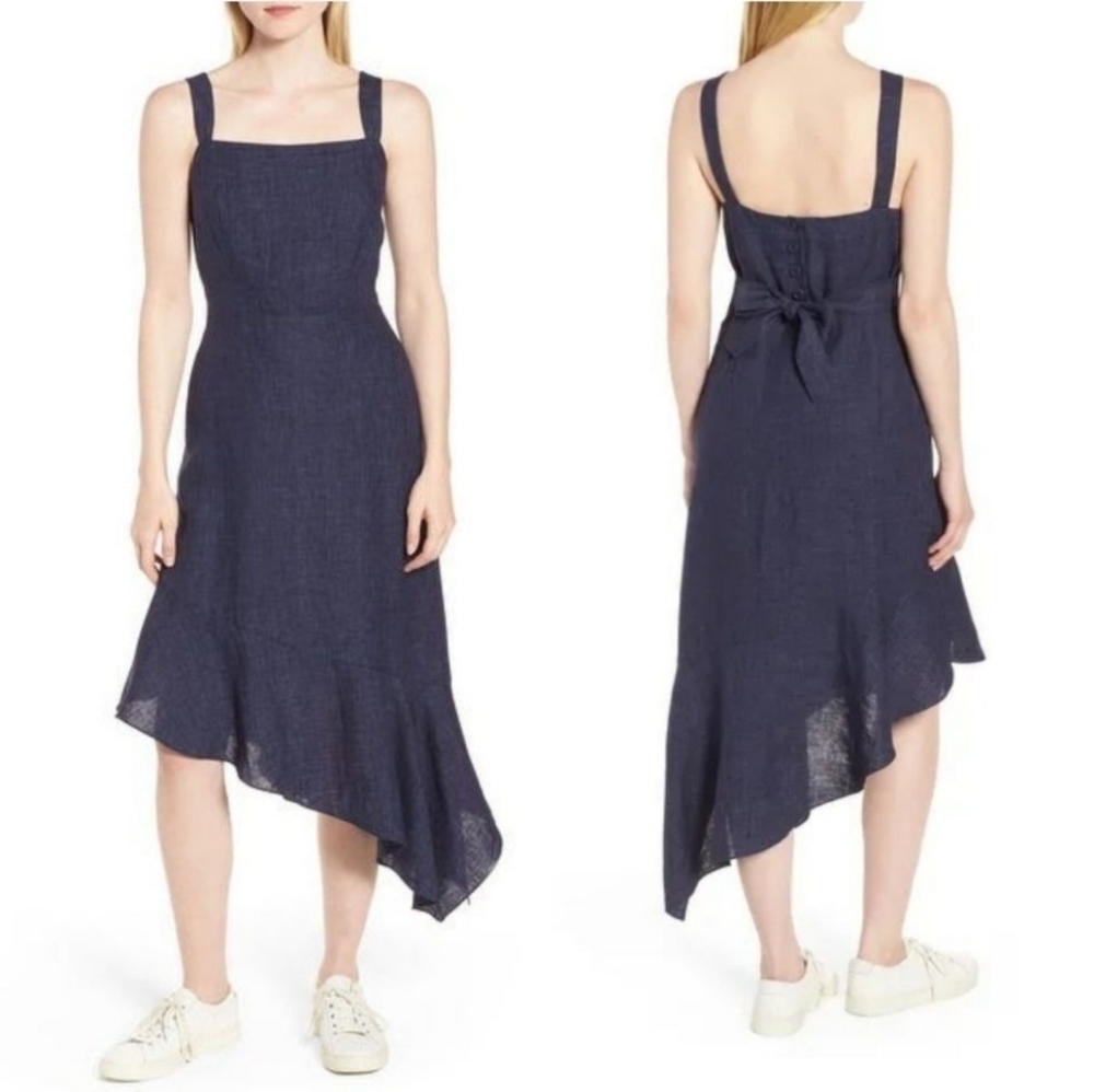 Nordstrom 100% Linen Lagenlook Asymmetrical Hem Midi Dress Size 8